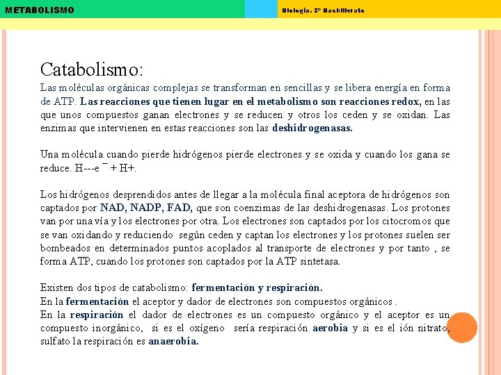 METABOLISMO Biología. 2º Bachillerato Catabolismo: Las moléculas orgánicas complejas se transforman en sencillas y