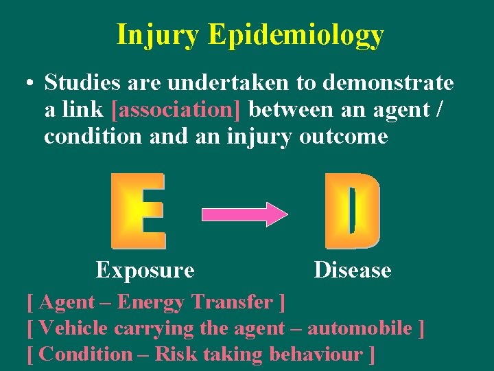 Injury Epidemiology • Studies are undertaken to demonstrate a link [association] between an agent