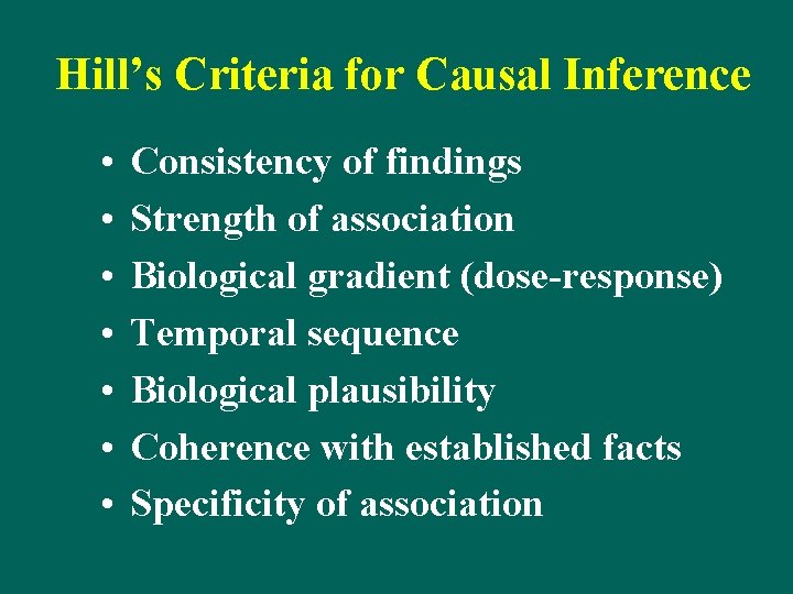 Hill’s Criteria for Causal Inference • • Consistency of findings Strength of association Biological