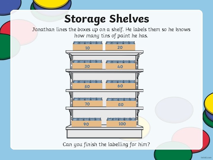 Storage Shelves Jonathan lines the boxes up on a shelf. He labels them so