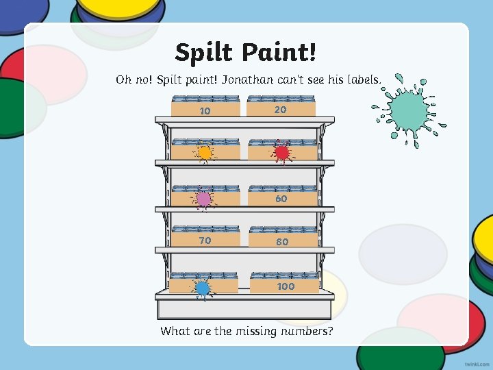 Spilt Paint! Oh no! Spilt paint! Jonathan can’t see his labels. 10 20 30 Spilt Paint! Oh no! Spilt paint! Jonathan can’t see his labels. 10 20 30
