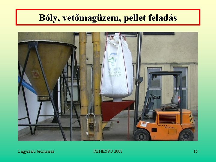 Bóly, vetőmagüzem, pellet feladás Lágyszárú biomassza RENEXPO 2008 16 
