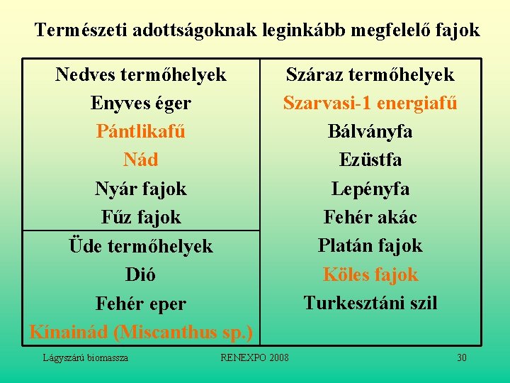 Természeti adottságoknak leginkább megfelelő fajok Nedves termőhelyek Enyves éger Pántlikafű Nád Nyár fajok Fűz