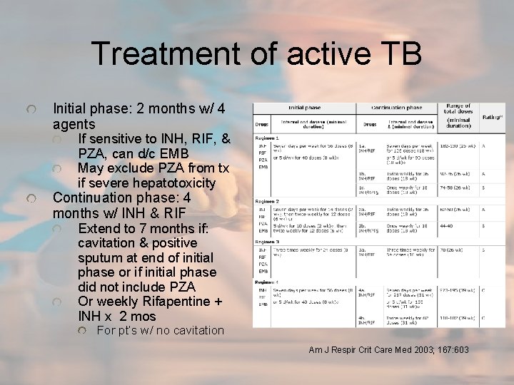 Treatment of active TB Initial phase: 2 months w/ 4 agents If sensitive to