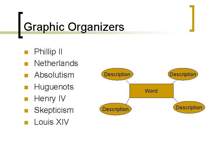 Graphic Organizers n n n n Phillip II Netherlands Absolutism Huguenots Henry IV Skepticism