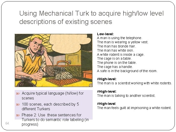 Using Mechanical Turk to acquire high/low level descriptions of existing scenes Low-level: A man
