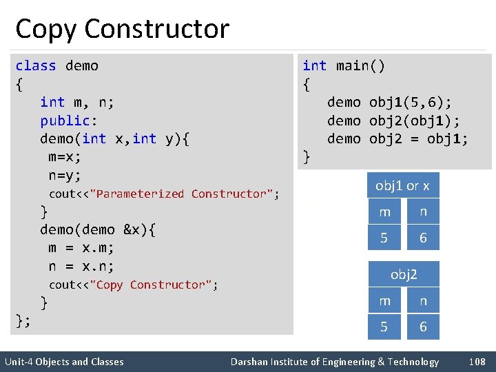 Copy Constructor class demo { int m, n; public: demo(int x, int y){ m=x;