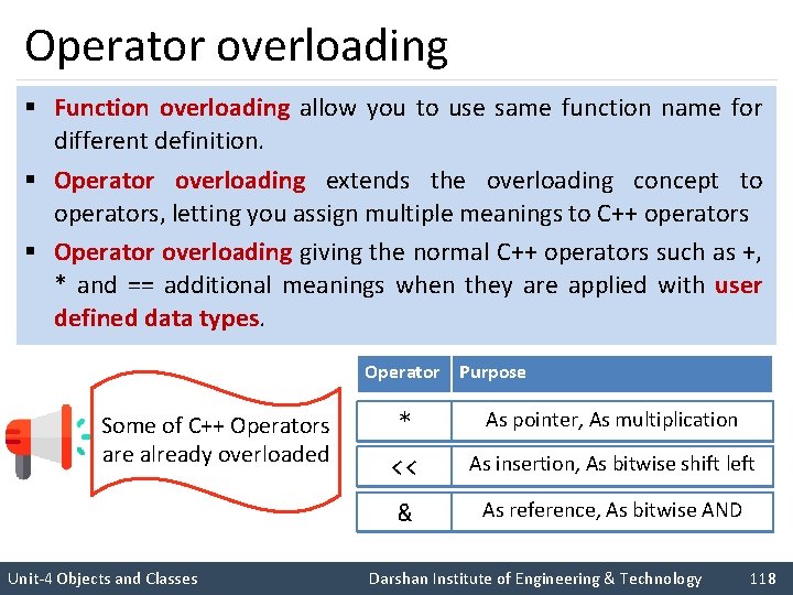 Operator overloading § Function overloading allow you to use same function name for different