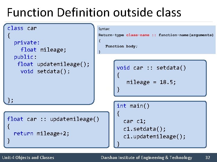 Function Definition outside class car { private: float mileage; public: float updatemileage(); void setdata()