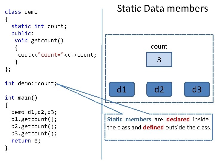 class demo { static int count; public: void getcount() { cout<<"count="<<++count; } }; int
