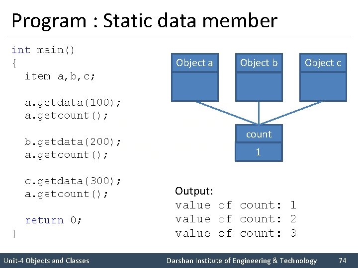Program : Static data member int main() { item a, b, c; a. getdata(100);