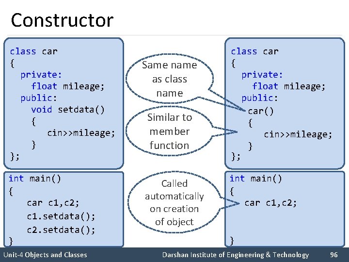 Constructor class car { private: float mileage; public: void setdata() { cin>>mileage; } };