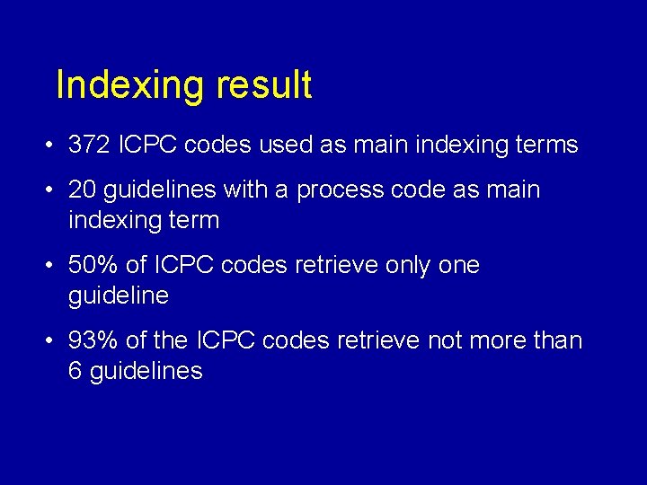 Indexing result • 372 ICPC codes used as main indexing terms • 20 guidelines