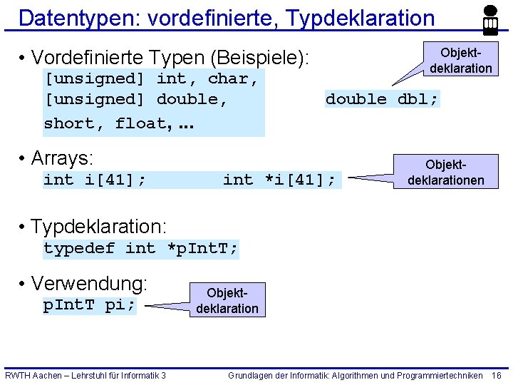 Datentypen: vordefinierte, Typdeklaration Objektdeklaration • Vordefinierte Typen (Beispiele): [unsigned] int, char, [unsigned] double, short,