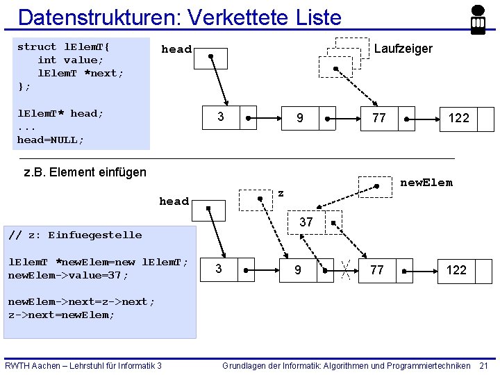 Datenstrukturen: Verkettete Liste struct l. Elem. T{ int value; l. Elem. T *next; };