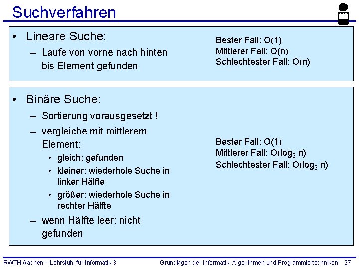 Suchverfahren • Lineare Suche: – Laufe von vorne nach hinten bis Element gefunden Bester