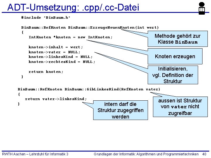 ADT-Umsetzung: . cpp/. cc-Datei #include "Bin. Baum. h" Bin. Baum: : Ref. Knoten Bin.