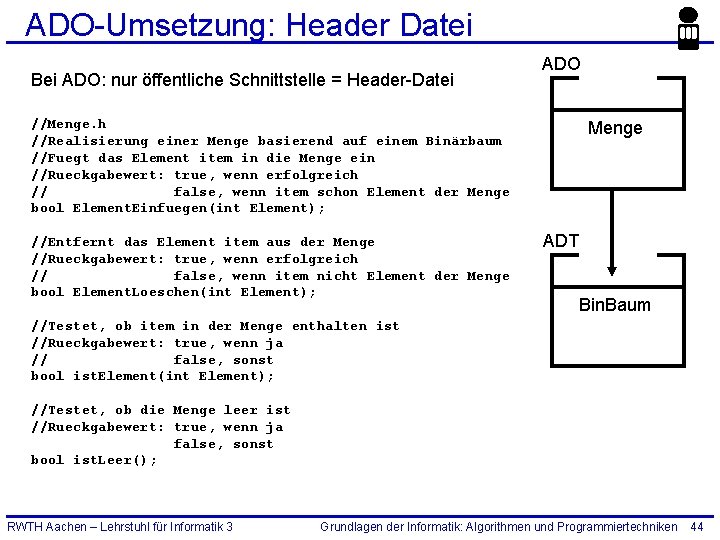 ADO-Umsetzung: Header Datei Bei ADO: nur öffentliche Schnittstelle = Header-Datei ADO //Menge. h //Realisierung