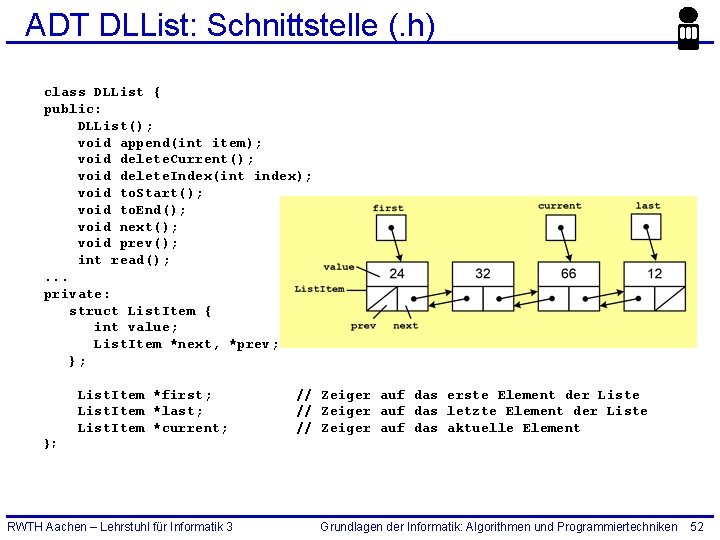 ADT DLList: Schnittstelle (. h) class DLList { public: DLList(); void append(int item); void