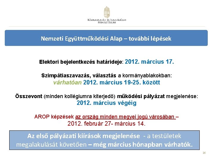 Nemzeti Együttműködési Alap – további lépések Elektori bejelentkezés határideje: 2012. március 17. Szimpátiaszavazás, választás