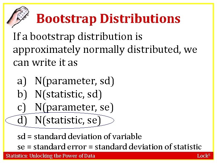 Bootstrap Distributions If a bootstrap distribution is approximately normally distributed, we can write it