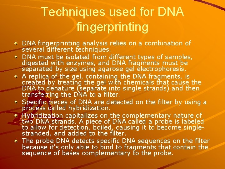 Techniques used for DNA fingerprinting analysis relies on a combination of several different techniques.