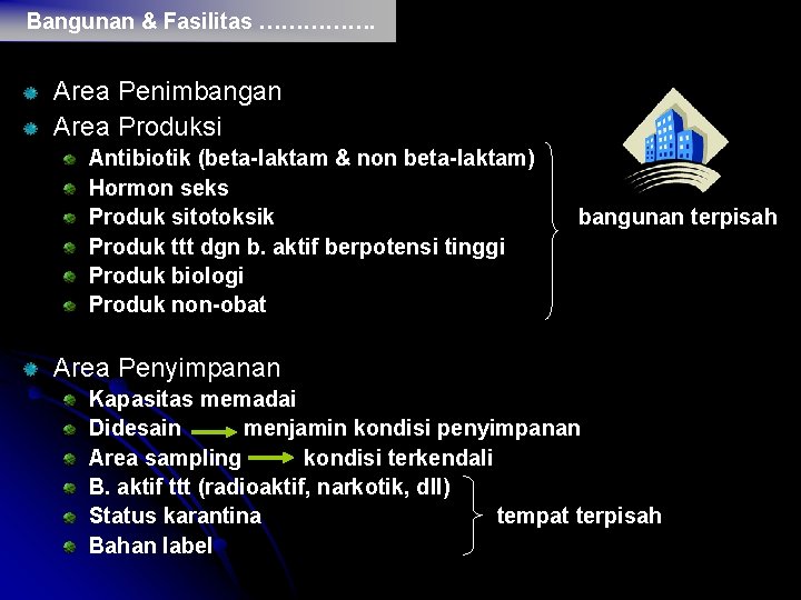 Bangunan & Fasilitas ……………. Area Penimbangan Area Produksi Antibiotik (beta-laktam & non beta-laktam) Hormon