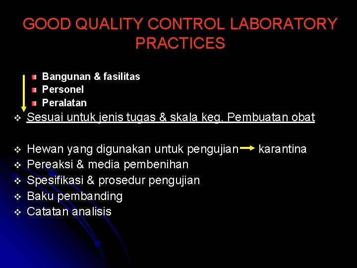 GOOD QUALITY CONTROL LABORATORY PRACTICES Bangunan & fasilitas Personel Peralatan v Sesuai untuk jenis