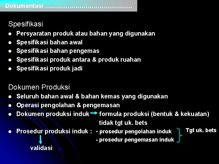 Dokumentasi. ………………… Spesifikasi l l l Persyaratan produk atau bahan yang digunakan Spesifikasi bahan