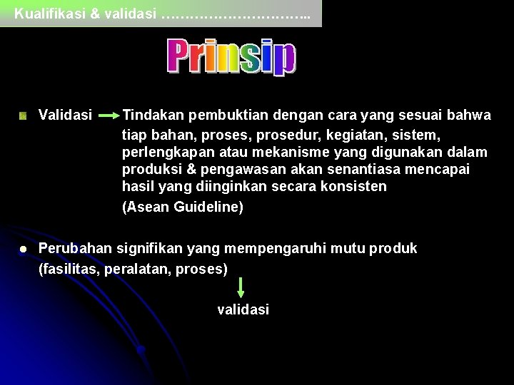 Kualifikasi & validasi ……………. . Validasi l Tindakan pembuktian dengan cara yang sesuai bahwa