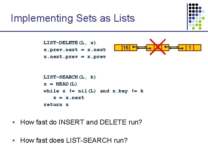 Implementing Sets as Lists LIST-DELETE(L, x) x. prev. next = x. next. prev =
