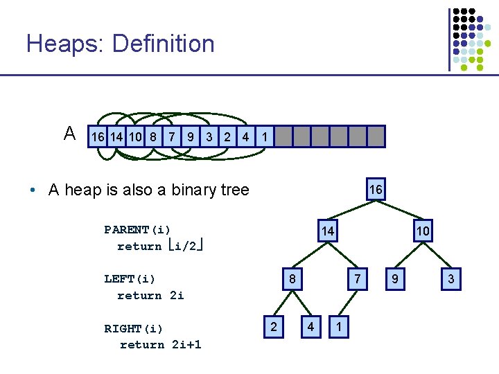 Heaps: Definition A 16 14 10 8 7 9 3 2 4 1 •