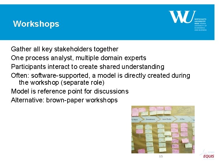 Workshops Gather all key stakeholders together One process analyst, multiple domain experts Participants interact