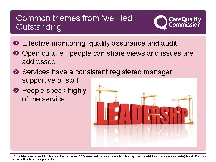 Common themes from ‘well-led’: Outstanding Effective monitoring, quality assurance and audit Open culture -