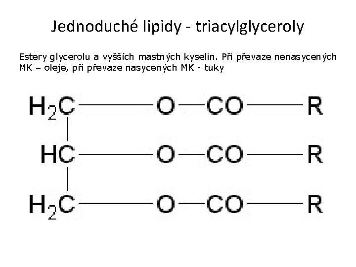 Jednoduché lipidy - triacylglyceroly Estery glycerolu a vyšších mastných kyselin. Při převaze nenasycených MK