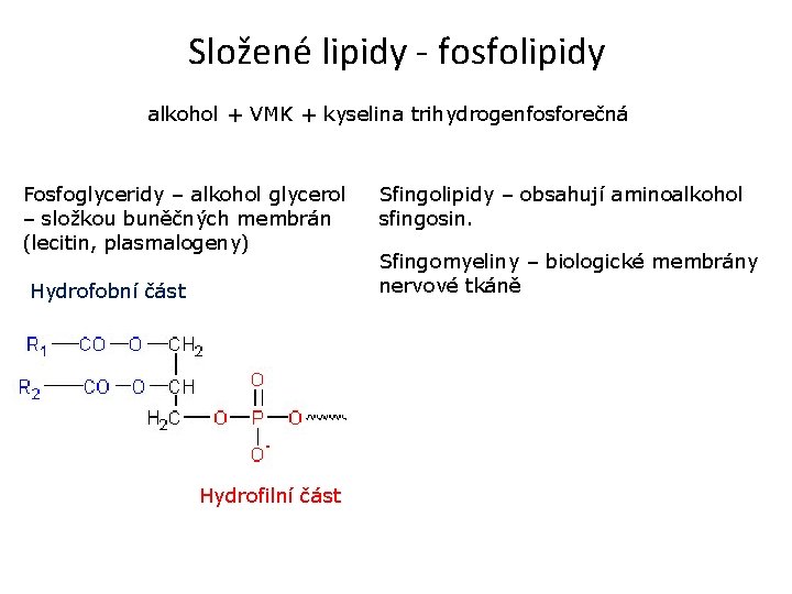 Složené lipidy - fosfolipidy alkohol + VMK + kyselina trihydrogenfosforečná Fosfoglyceridy – alkohol glycerol