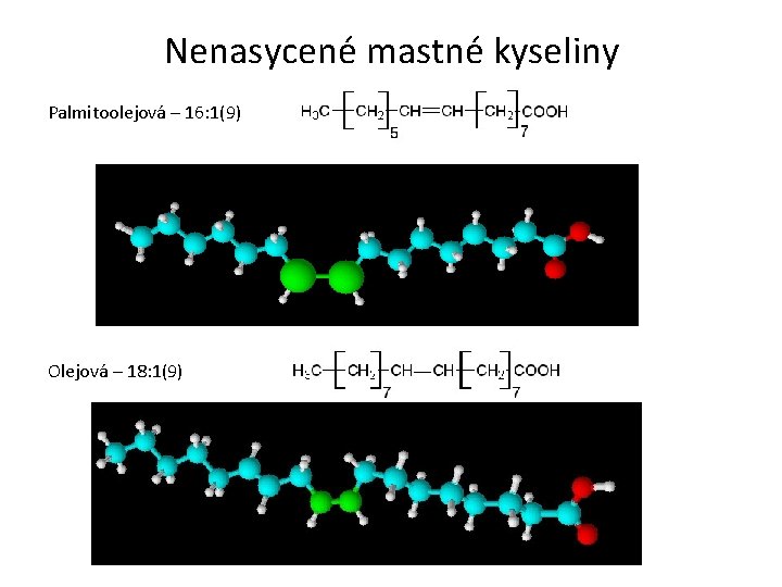 Nenasycené mastné kyseliny Palmitoolejová – 16: 1(9) Olejová – 18: 1(9) 