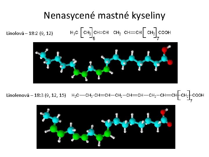 Nenasycené mastné kyseliny Linolová – 18: 2 (9, 12) Linolenová – 18: 3 (9,