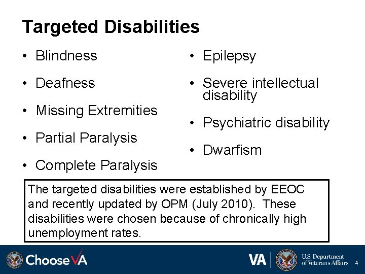 Targeted Disabilities • Blindness • Epilepsy • Deafness • Severe intellectual disability • Missing