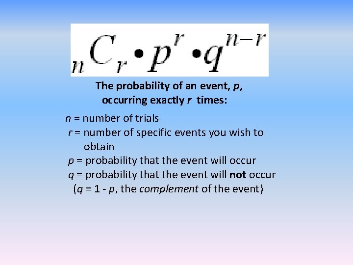 The probability of an event, p, occurring exactly r times: n = number of