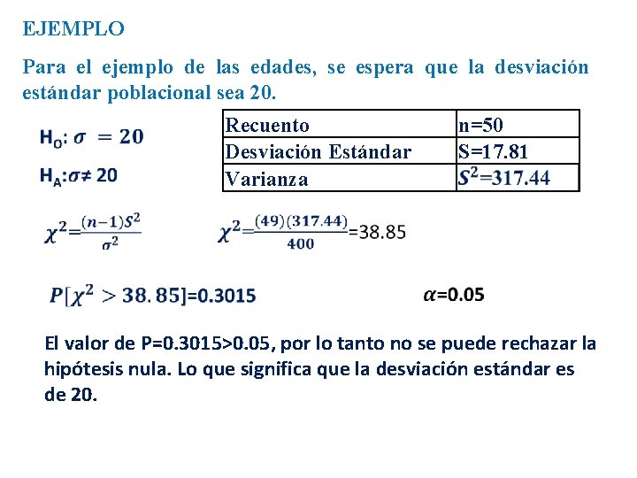 EJEMPLO Para el ejemplo de las edades, se espera que la desviación estándar poblacional