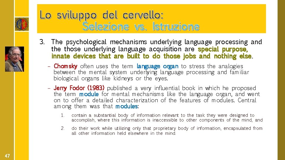 Lo sviluppo del cervello: Selezione vs. Istruzione 3. The psychological mechanisms underlying language processing