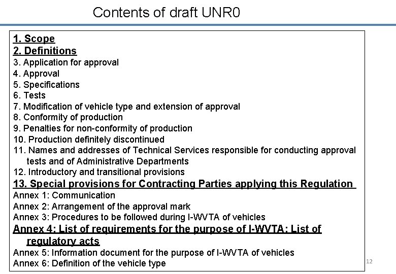 Contents of draft UNR 0 1. Scope 2. Definitions 3. Application for approval 4.