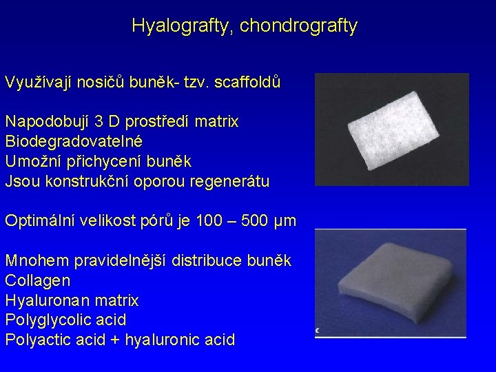 Hyalografty, chondrografty Využívají nosičů buněk- tzv. scaffoldů Napodobují 3 D prostředí matrix Biodegradovatelné Umožní