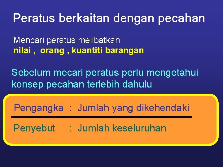 Peratus berkaitan dengan pecahan Mencari peratus melibatkan : nilai , orang , kuantiti barangan