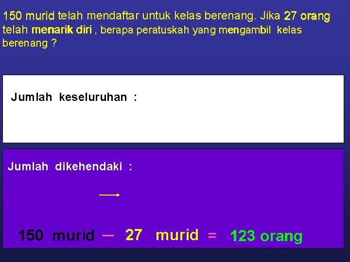 150 murid telah mendaftar untuk kelas berenang. Jika 27 orang telah menarik diri ,