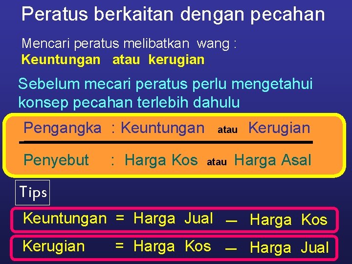 Peratus berkaitan dengan pecahan Mencari peratus melibatkan wang : Keuntungan atau kerugian Sebelum mecari