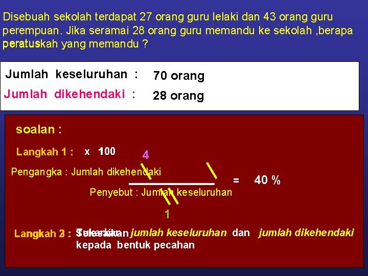 Disebuah sekolah terdapat 27 orang guru lelaki dan 43 orang guru perempuan. Jika seramai