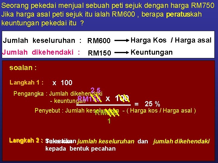 Seorang pekedai menjual sebuah peti sejuk dengan harga RM 750 Jika harga asal peti