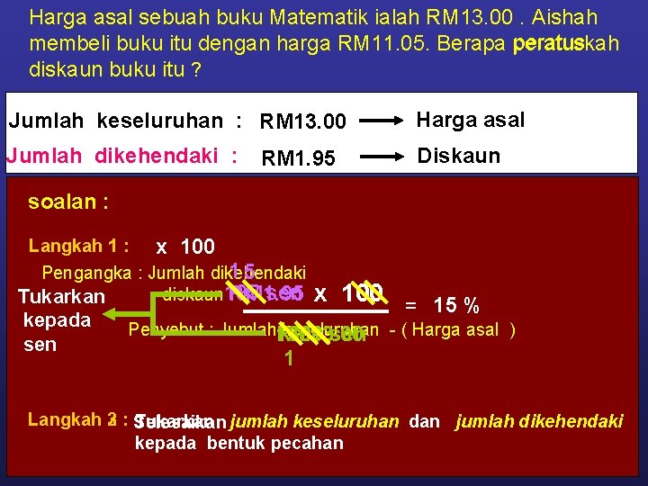 Harga asal sebuah buku Matematik ialah RM 13. 00. Aishah peratus membeli buku itu